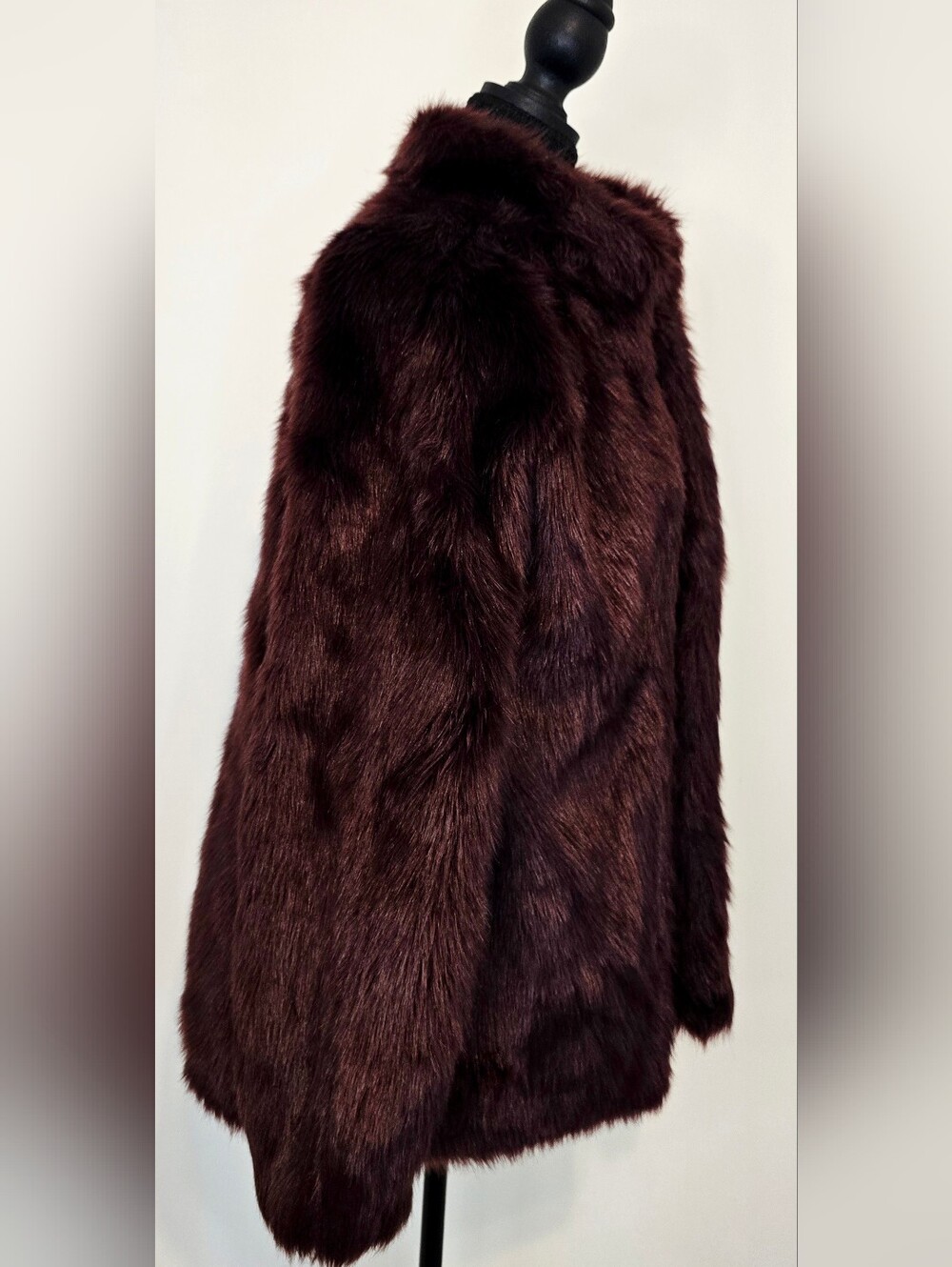 Burgundy Faux Fur Coat Plush Glam Old Money Mob Wife Statement Jacket Luxe - Picture 6 of 9